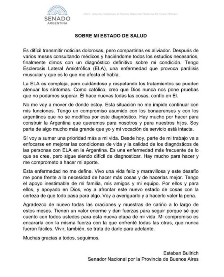 El senador Esteban Bullrich confirmó que tiene ELA