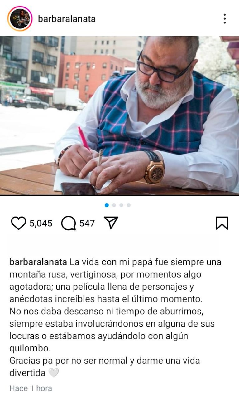 El sentido mensaje con el que Bárbara Lanata despidió a su padre: “La vida con mi papá fue una montaña rusa”