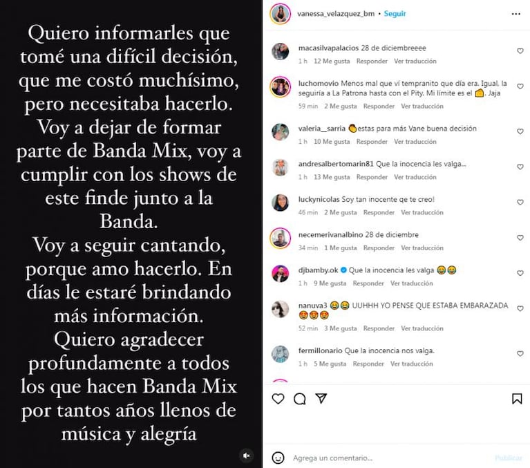 El sorpresivo posteo de Vanessa Velzquez: se va de Banda Mix?