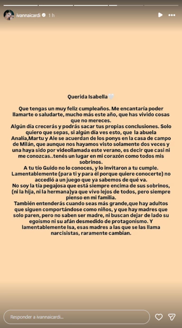 El texto de Ivana Icardi que publicó en sus redes.