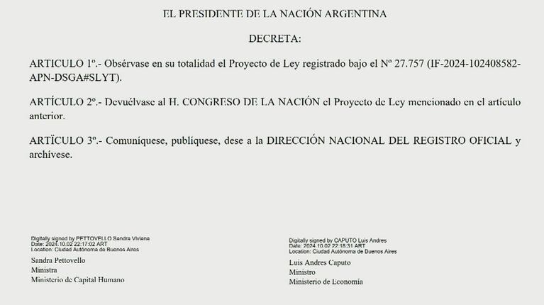 El texto del veto de Javier Milei a la ampliación del financiamiento universitario (Foto: TN).