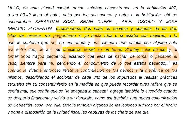 El texto que publicó Infobae con parte de la declaración de la denunciante.