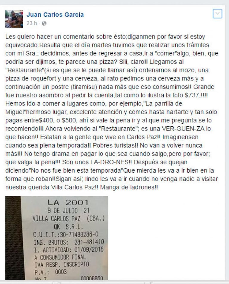 El ticket de un bar en Carlos Paz provocó polémica