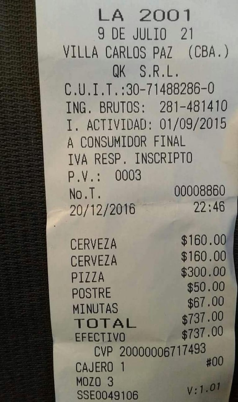 El ticket de un bar en Carlos Paz provocó polémica