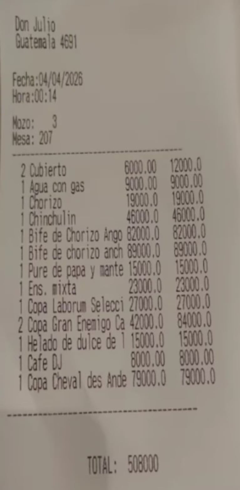 El ticket que compartió una mujer que comió en Don Julio.