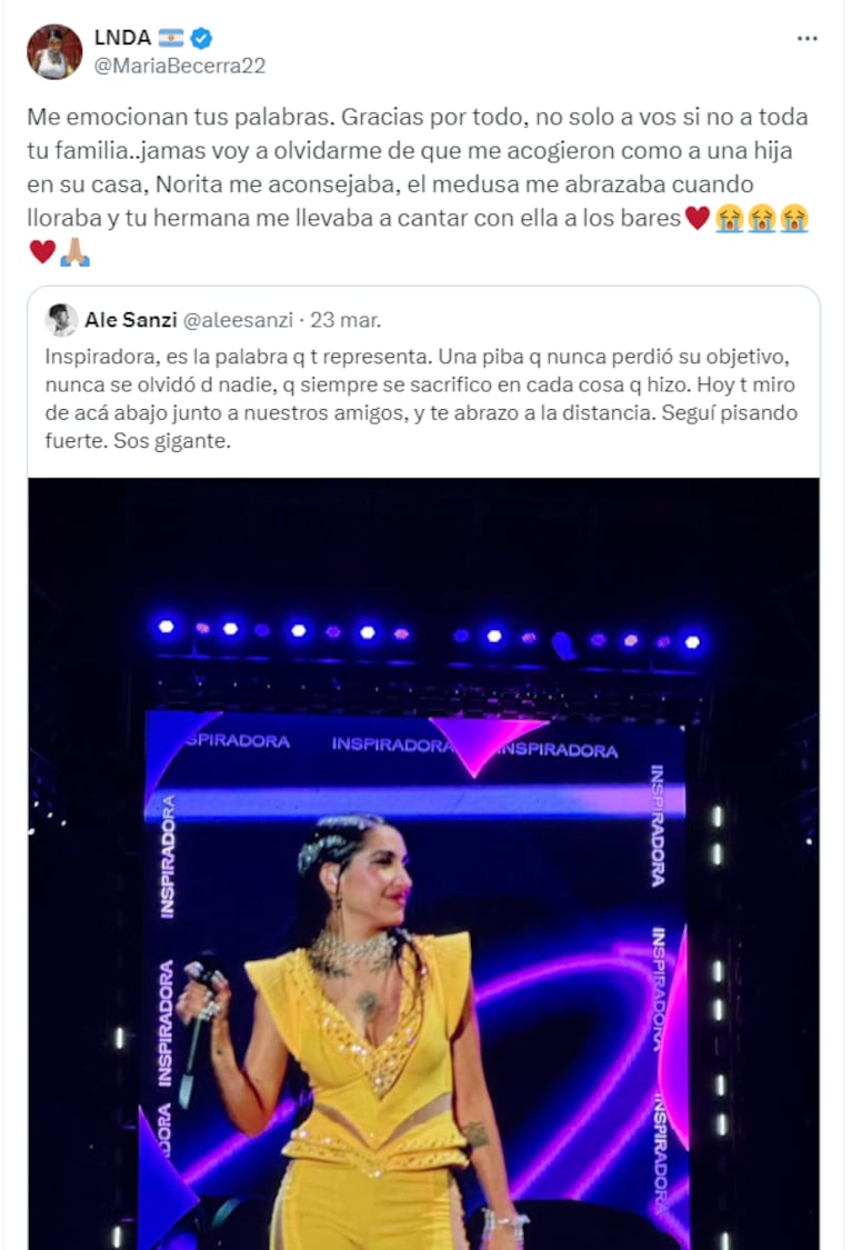 El tierno ida y vuelta entre María Becerra y su primer novio, luego del primer show en River. (Foto: Captura Twitter/mariabecerra22)