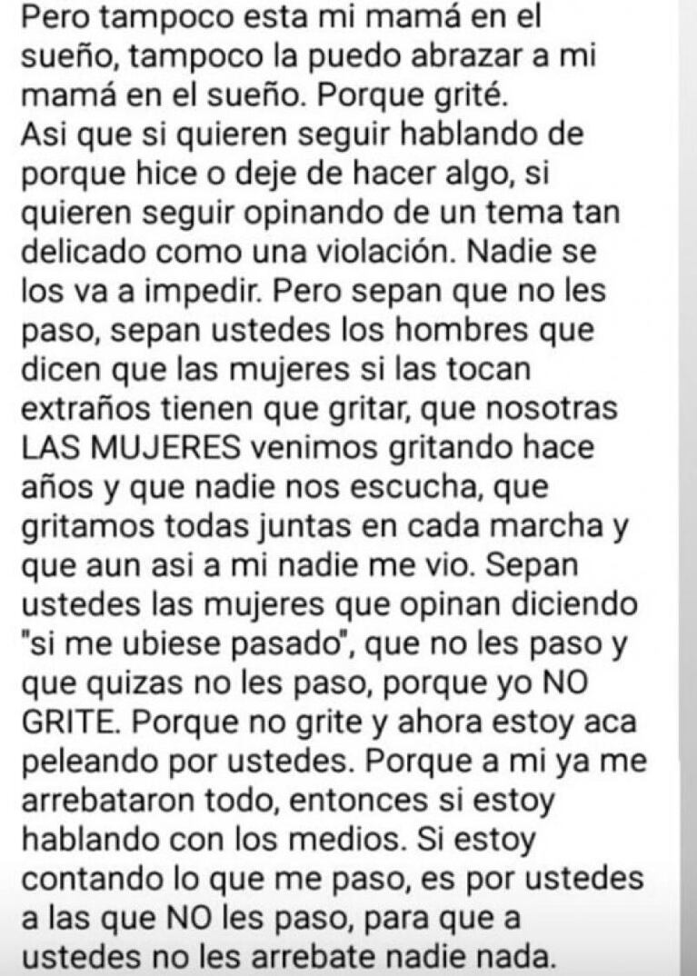 El tremendo mensaje de la joven que denunció la violación: “Me arrebataron el alma”