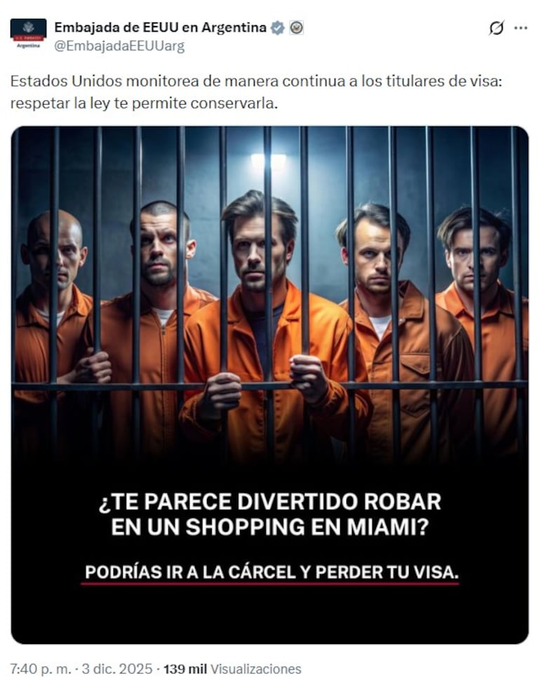 El tuit de la Embajada de Estados Unidos contra los argentinos detenidos.
