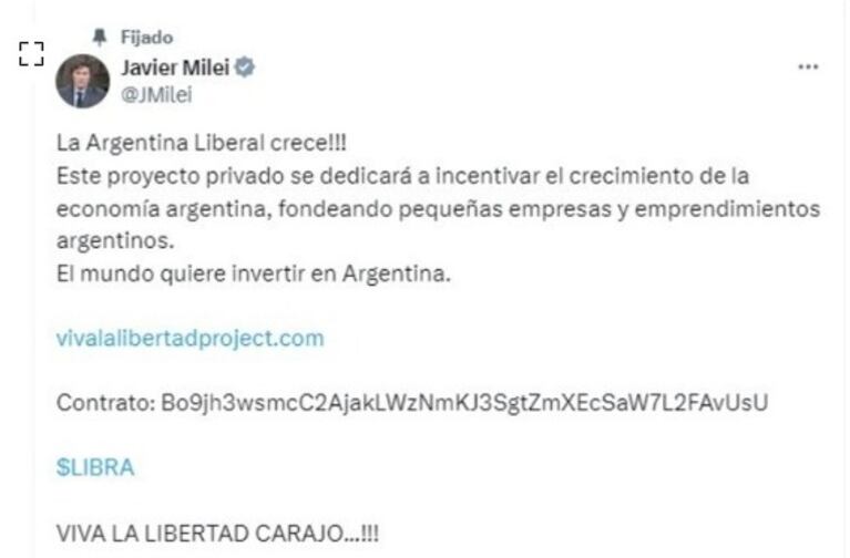 El tuit publicado y luego borrado por Milei.