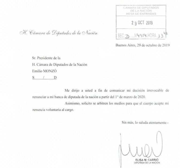 Elisa Carrió renunció a la Cámara de Diputados de la Nación