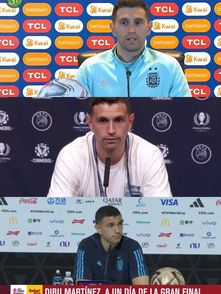 Emiliano Martínez en las últimas conferencias de prensa en la Selección argentina. (Foto: X @juegosimple__).
