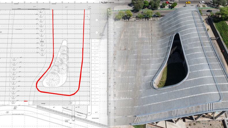 En rojo está marcada la baranda que nunca se construyó. 