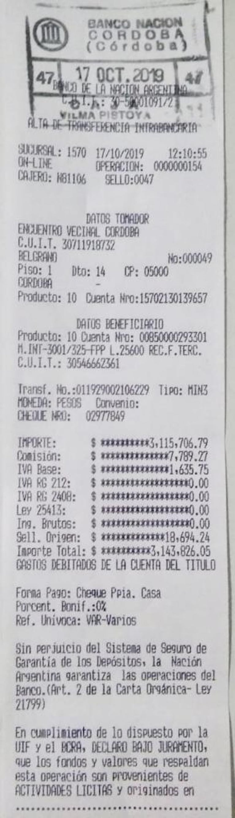 Encuentro Vecinal Córdoba le reintegró al Estado el dinero sobrante de las boletas