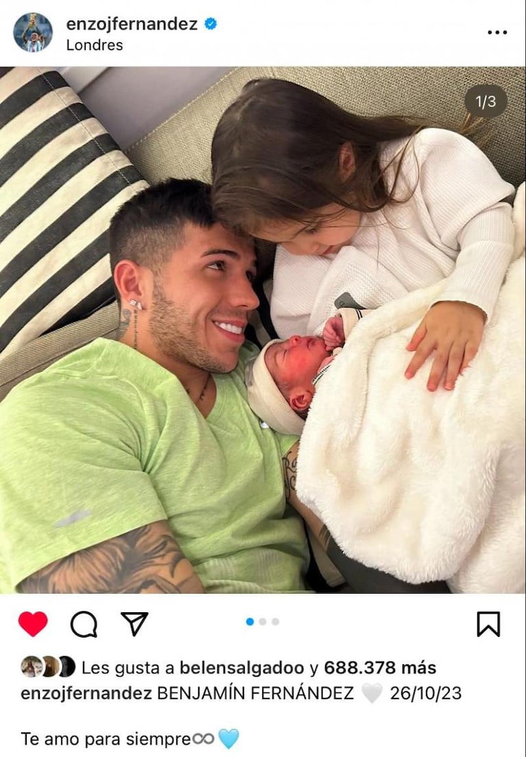 Enzo Fernández fue papá por segunda vez y publicó una tierna foto con sus hijos