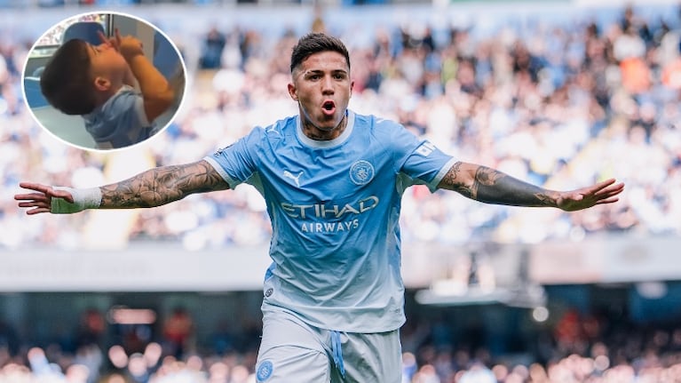 Enzo Fernández y el festejo de su primer gol en Manchester City.