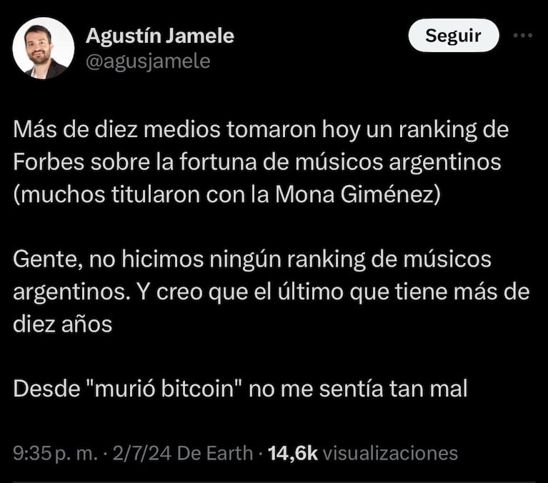 Era fake: por qué La Mona no integra la lista de los músicos más ricos de la Argentina
