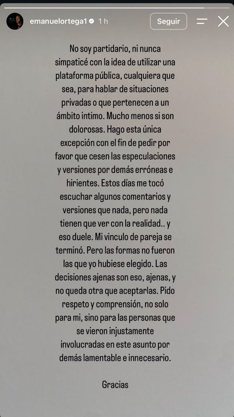“Erróneas e hirientes”: Emanuel Ortega explotó frente a las especulaciones por su separación de Julieta Prandi