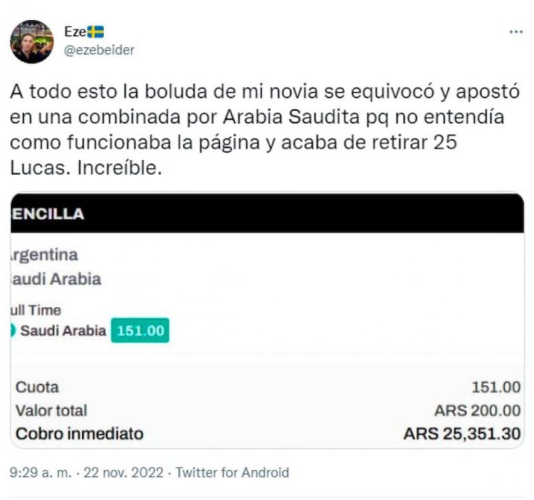 Es argentina, le apostó por error a Arabia Saudita y ganó miles de pesos