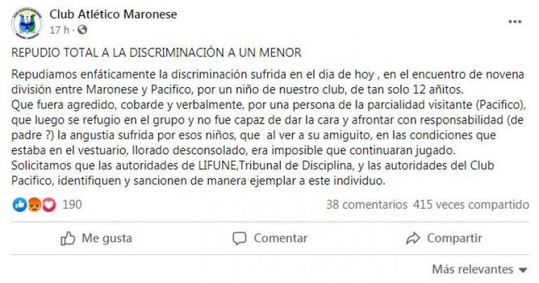 Escándalo por un insulto racista a un nene en un partido de fútbol en Neuquén