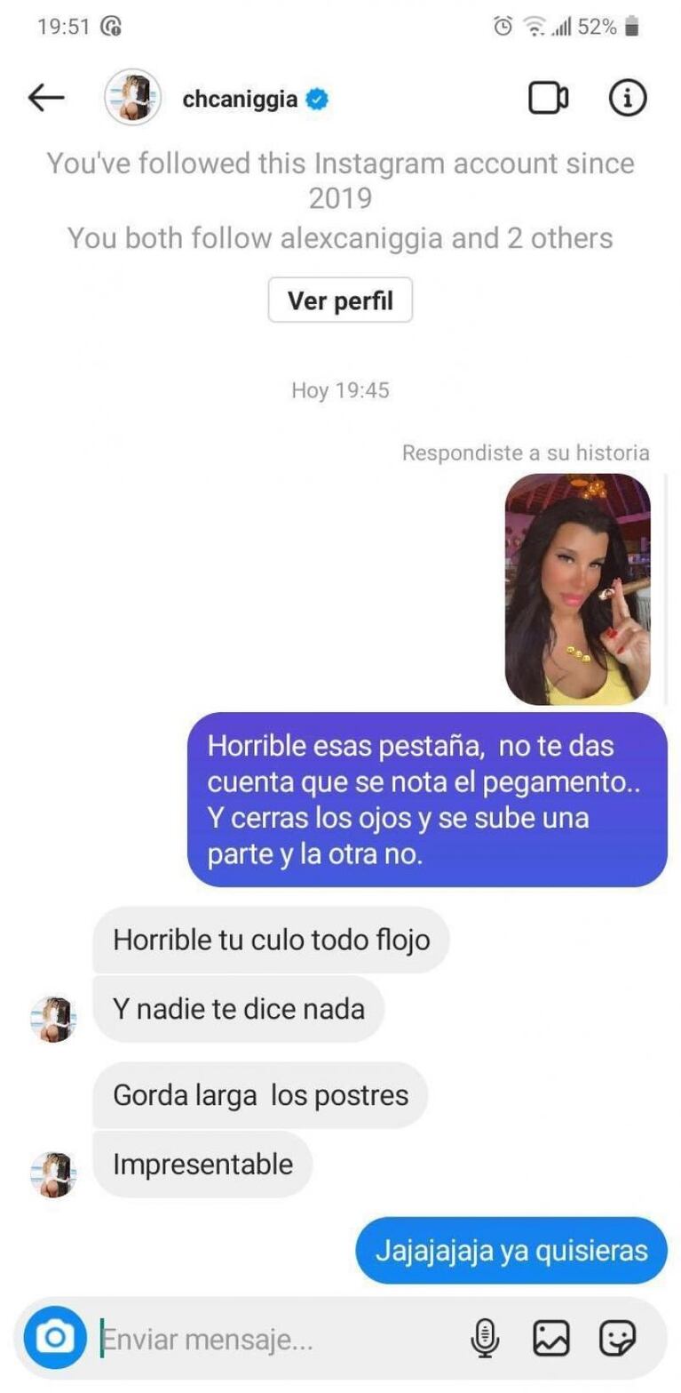 Escandaloso chat de Charlotte Caniggia: “Villera envidiosa, naciste pobre”