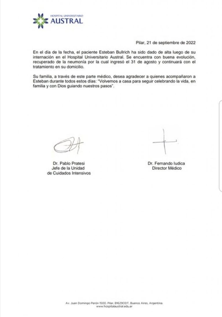 Esteban Bullrich recibió el alta luego de 21 días de internación