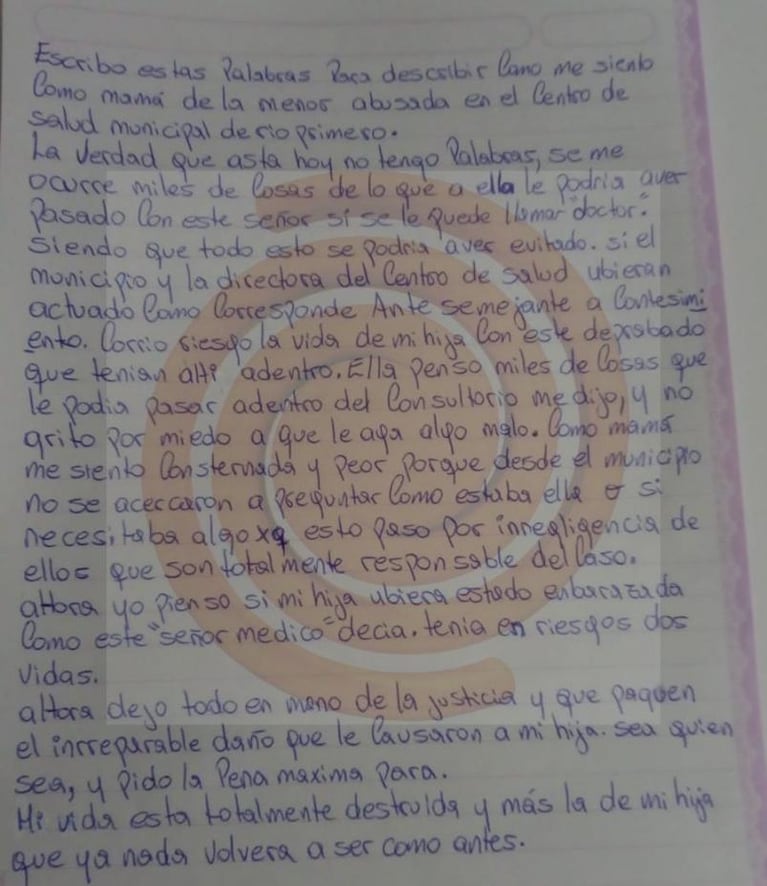 Estremecedora carta de la madre de la joven que denunció al médico por abuso