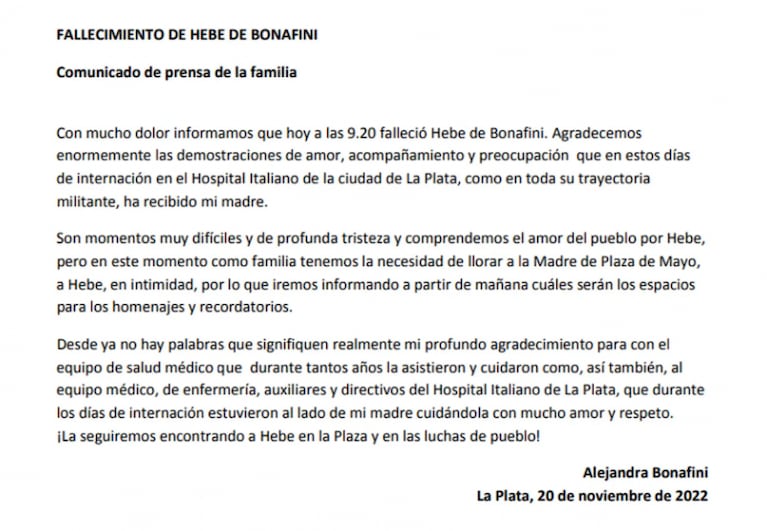 Falleció Hebe de Bonafini, presidenta de Madres de Plaza de Mayo