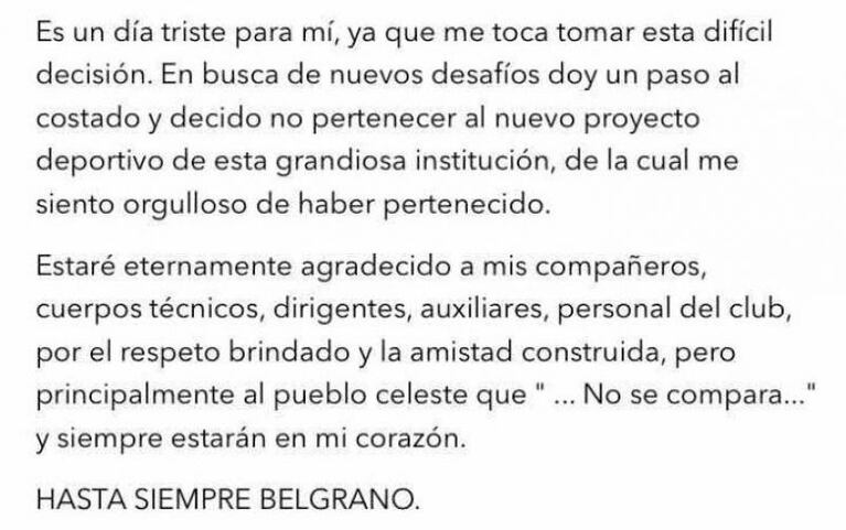 Farré se despidió de Belgrano atravesado por la emoción