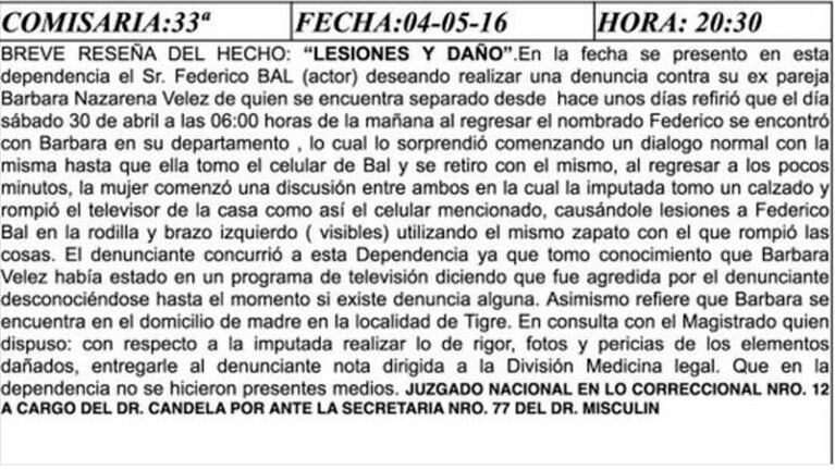 Federico Bal  denunció a Barbie por "agresiones lesiones y destrozos"