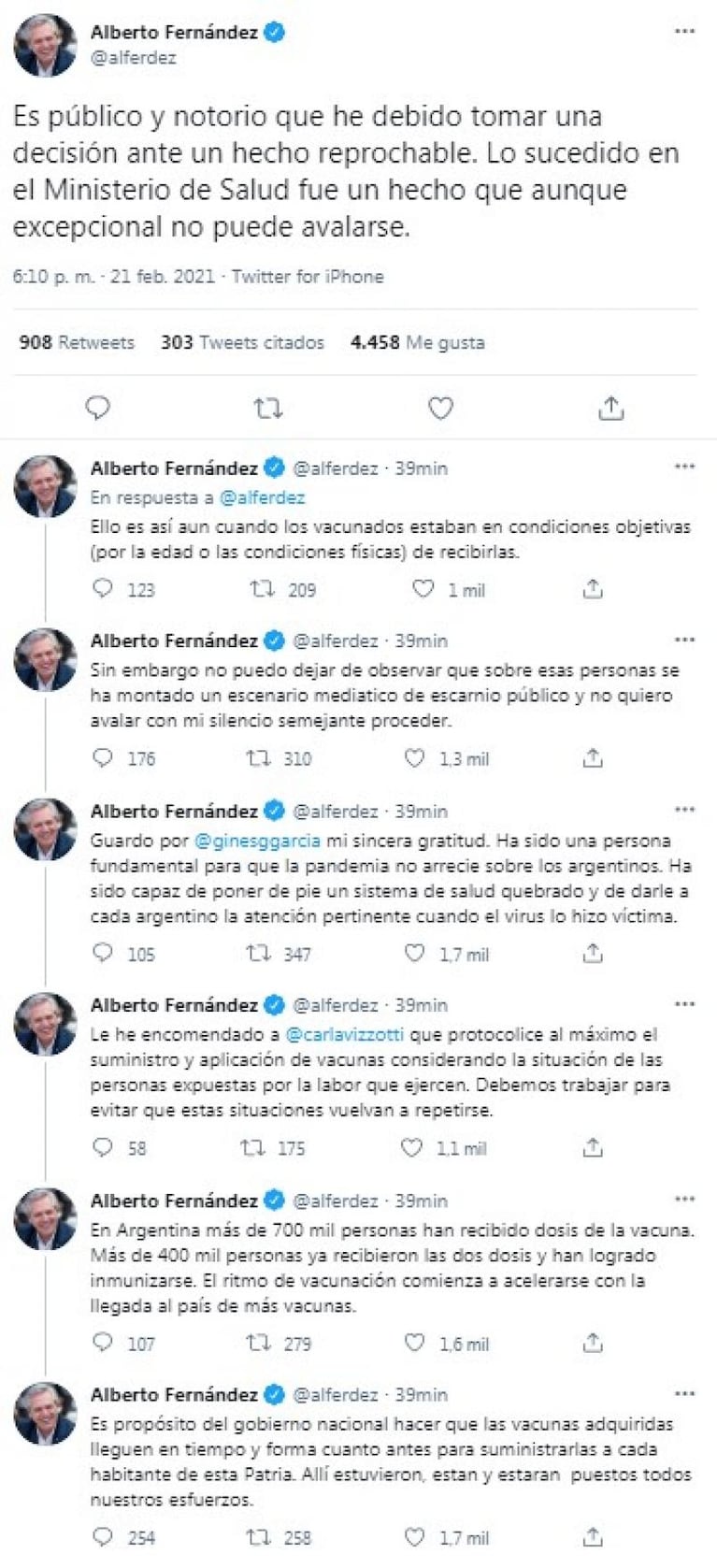 Fernández le agradeció a Ginés y dijo que se montó un "escenario mediático de escarnio público" sobre los vacunados