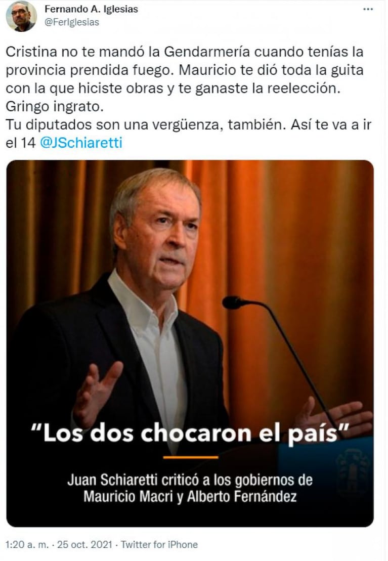 Fernando Iglesias cruzó a Schiaretti por sus críticas a Macri: “Gringo ingrato”