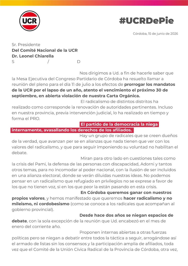 Ferrer y De Loredo, los apuntados en el comunicado de dirigentes de la UCR.