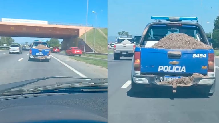 Filmaron a un móvil de la Policía transportando tierra en Circunvalación.