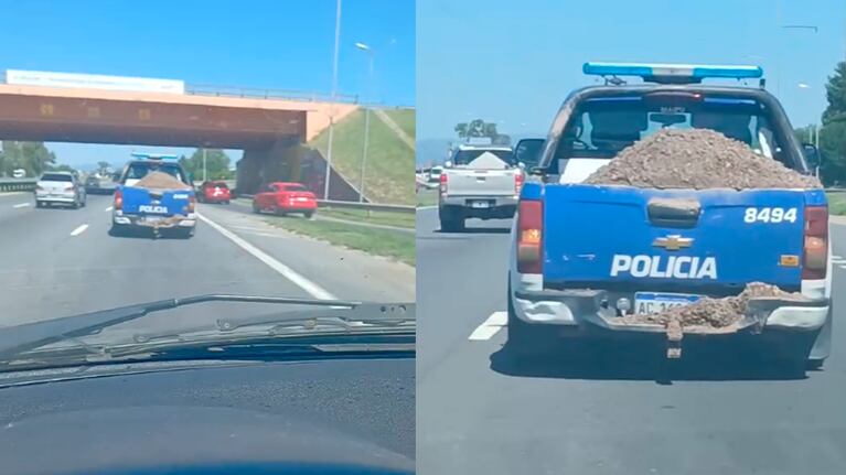 Filmaron a un móvil de la Policía transportando tierra en Circunvalación.
