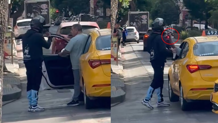 Filmaron una pelea entre un taxista y un motociclista al frente del Buen Pastor.