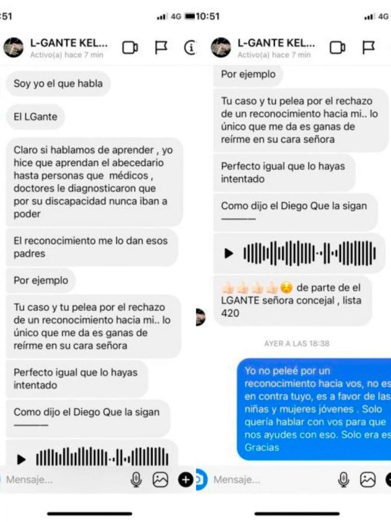 Filtran audios y mensajes que L-Gante le mandó a la concejala de Rosario que lo criticó