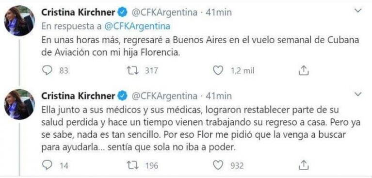 Florencia Kirchner y Cristina regresan a Buenos Aires en medio de la cuarentena 