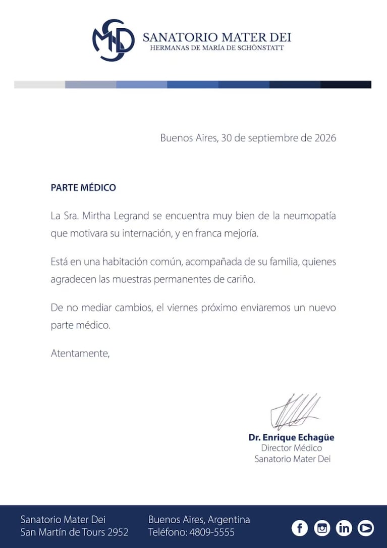 “Franca mejoría”: el parte médico actualizado de Mirtha a casi dos semanas de la internación