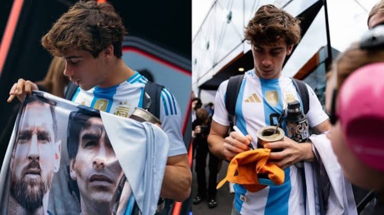 Franco Colapinto con la bandera de Maradona y Messi.