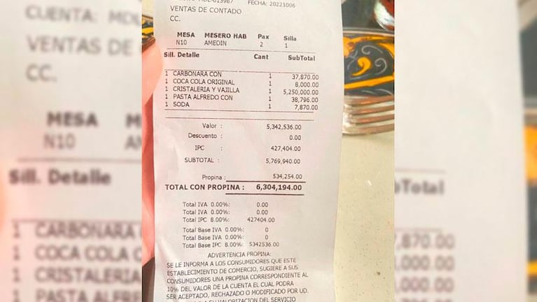 Fue a comer a un restaurante y le quisieron cobrar 5 millones de pesos por los cubiertos