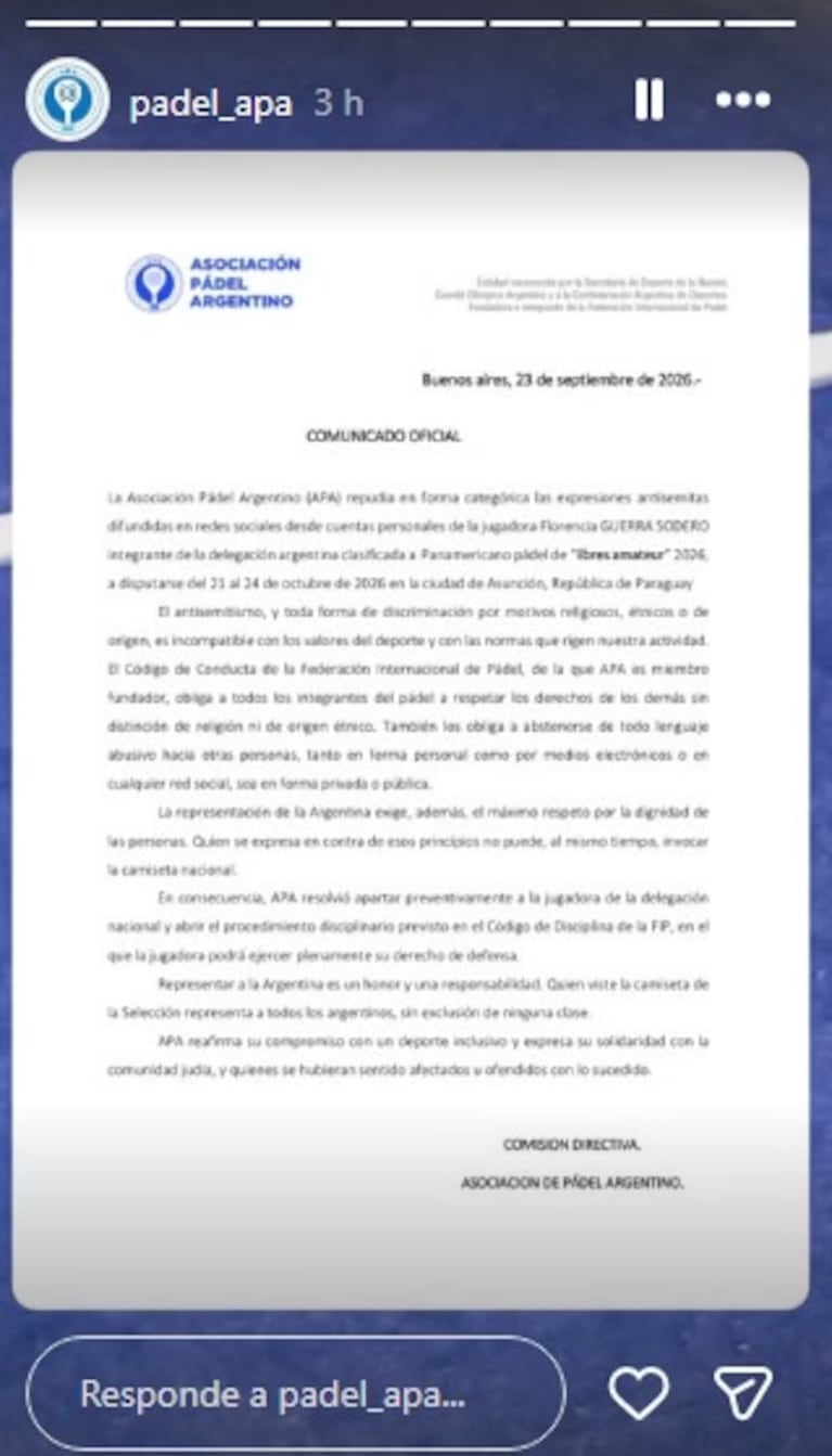 Fuerte repudio a una jugadora de pádel por un mensaje antisemita en redes: “Excepto judíos”