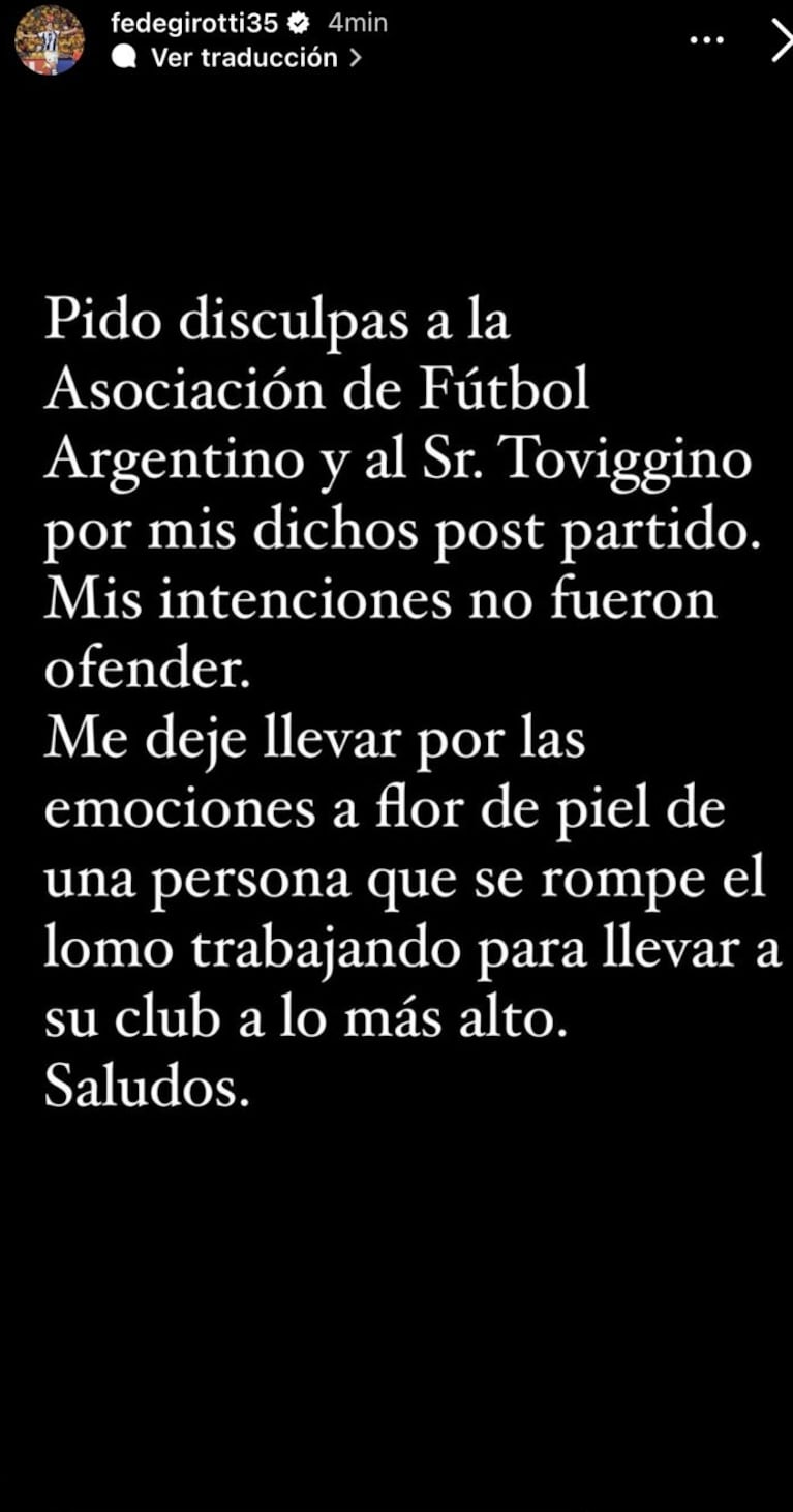 Girotti ofreció sus disculpas a la AFA y a Toviggino.