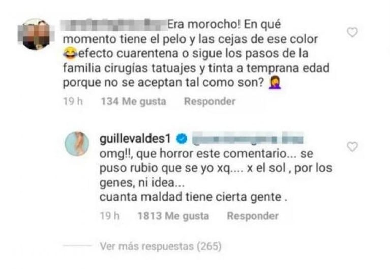 Guillermina Valdes respondió a las críticas de una seguidora contra su familia