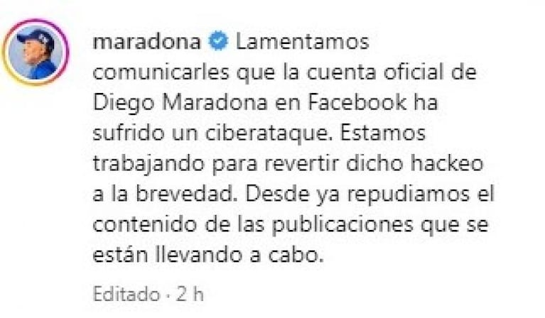 Hackearon la cuenta de Facebook de Maradona e hicieron posteos repudiables