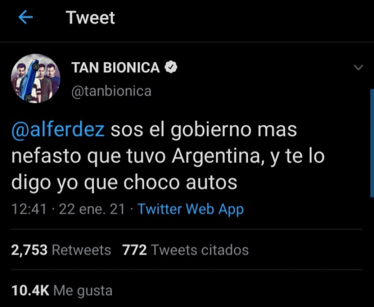 Hackearon la cuenta de Tan Biónica y tuitearon contra Chano y Alberto Fernández
