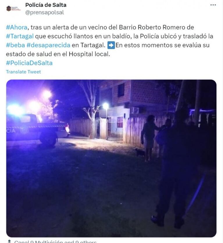 Hallaron en un baldío a la beba que había sido robada de un hospital en Tartagal