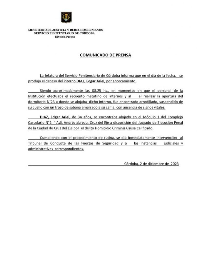 Hallaron muerto en su celda al asesino del cura de Alta Gracia