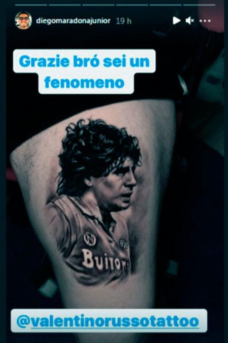 Homenaje en la piel: Diego Maradona Junior se hizo un enorme tatuaje de su papá