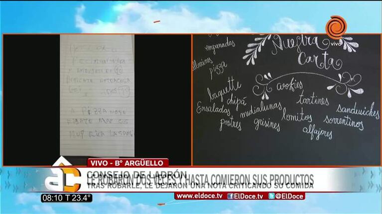 Le dejaron una nota criticando la comida luego de robarle