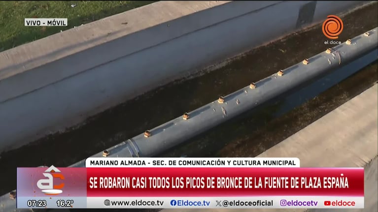 Plaza España: arrancaron los picos de bronce y la fuente está sin funcionar